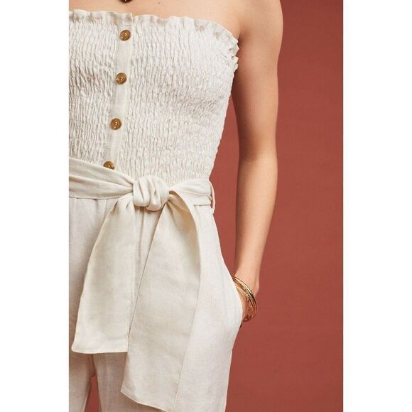 NEW FAITHFULL THE BRAND Sz 4 S LAIS SMOCKED BELTED LINEN STRAPLESS JUMPSUIT BONE - Picture 4 of 4